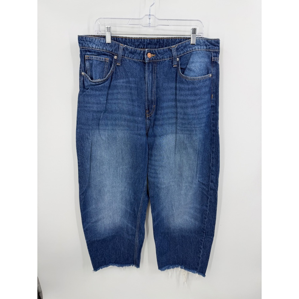 H&M Barrel Leg Jeans Women 14 Blue High Waist Loose Fit Raw Hem Denim